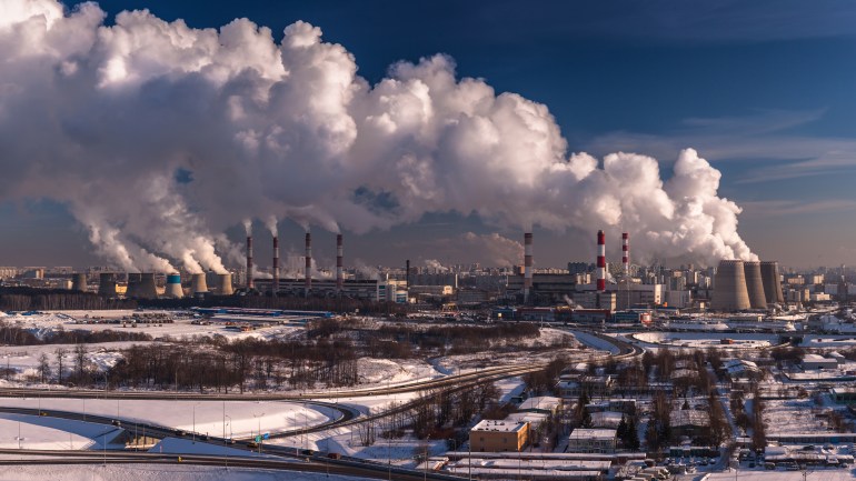MOSCOW, RUSSIA - JANUARY 23 2019: Giant thermal power plant produces energy for a large metropolis in the winter