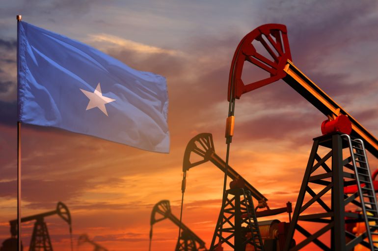 Somalia oil industry concept, industrial illustration. Somalia flag and oil wells and the red and blue sunset or sunrise sky background - 3D illustration