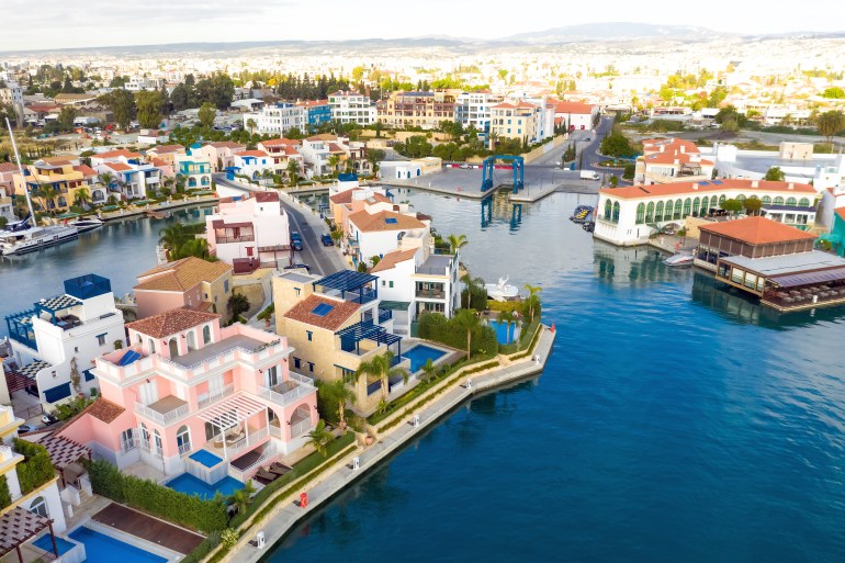 Aerial view above residential houses of Limassol Marina. Cyprus