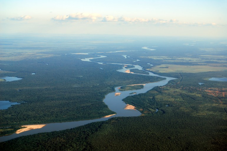 Aerial view of rainforest at the Araguaia River on the border of the states of Mato Grosso and Goias in Brazil