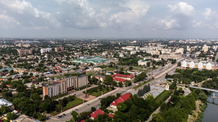 Aerial view of Tiraspol parliament with Lenin statue in an unrecognised communist country Transnistria in Moldova