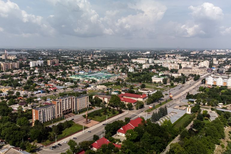Aerial view of Tiraspol parliament with Lenin statue in an unrecognised communist country Transnistria in Moldova