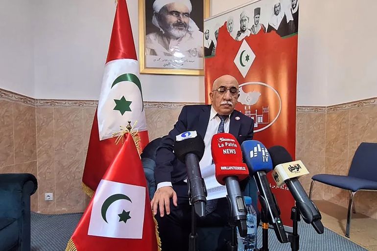 Farouk Al-Rifi, representative of the Rif Nationalist Party, speaks during a press conference at the party's newly opened office in Algiers on March 5, 2024. (Photo by AFP) (Photo by -/AFP via Getty Images)