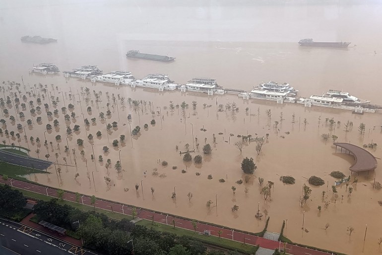 A general view of a submerged street after heavy rains in Qingyuan City, in Chinas southern Guangdong Province on April 22, 2024. (Photo by AFP) / China OUT / CHINA OUT