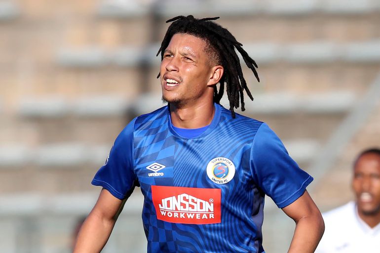 Supersport United's Luke Fleurs in action during the DStv Premiership match between Supersport United and Richards Bay at the Lucas Moripe Stadium, Atteridgeville, South Africa, on Jan. 22, 2023. Fleurs has been killed in a hijacking in Johannesburg, his Kaizer Chiefs club said on Thursday, April 4, 2024. (Muzi Ntombela/BackpagePix via AP)