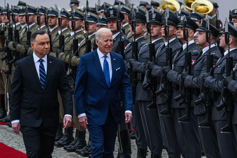 WARSAW, POLAND - MARCH 26: Poland's President, Andrzej Duda and US. President Joe Biden inspects the Polish guard at the presidential Palace on March 26, 2022 in Warsaw, Poland. Biden arrived in Poland yesterday, meeting with the Polish president as well as U.S. troops stationed near the Ukrainian border, bolstering NATO's eastern flank. (Photo by Omar Marques/Getty Images)