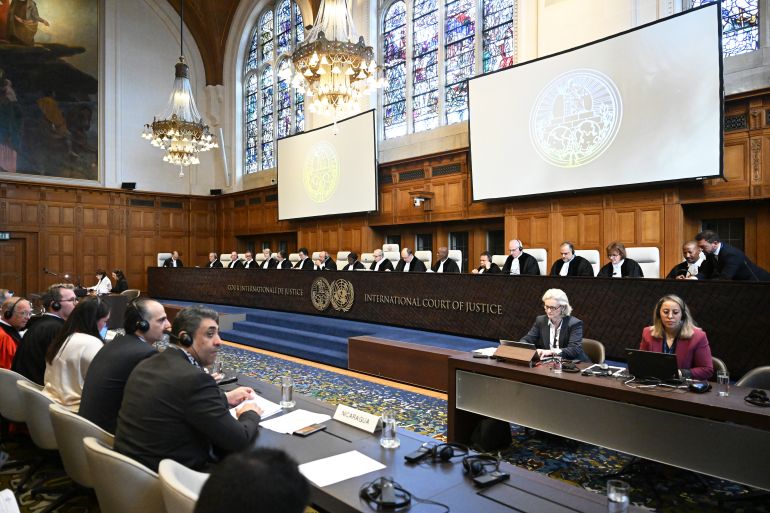 THE HAGUE, NETHERLANDS - APRIL 08: A view of the hearing on Nicaragua's claim that Germany aids Israel's ongoing genocide in the besieged Gaza Strip at the International Court of Justice (ICJ) in The Hague, Netherlands on April 08, 2024. The case concerns alleged violations of the Genocide Convention of 1948 and the Geneva Conventions of 1949 pertaining to international humanitarian law in Palestinian territories. (Photo by Dursun Aydemir/Anadolu via Getty Images)