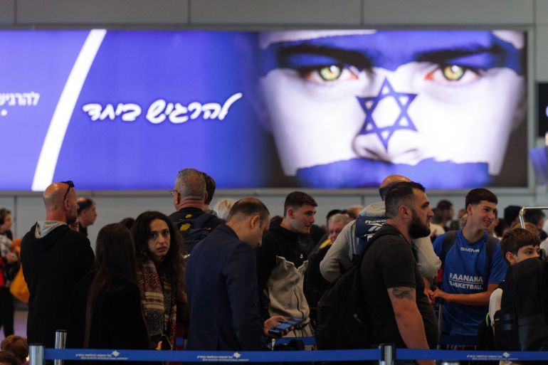 Passengers in the departure terminal in Ben Gurion airport on the morning after a drone and missile attack from Iran, near Tel Aviv, Israel on Sunday, April 14, 2024. Israel and allies including the US, UK and France managed to mostly foil an unprecedented attack by Iran on the Jewish state. Photographer: Kobi Wolf/Bloomberg via Getty Images