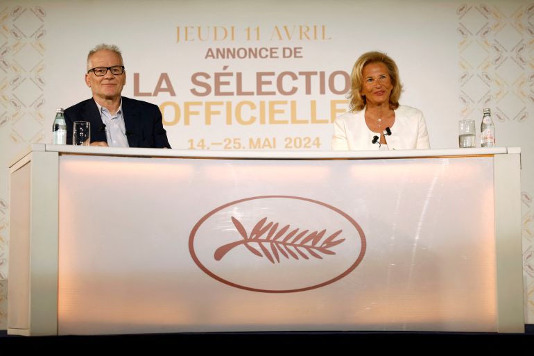 Cannes Film Festival General Delegate Thierry Fremaux and Cannes Film Festival President Iris Knobloch attend the presentation of the official selection of the 77th Cannes International Film Festival in Paris, France, April 11, 2024. REUTERS/Sarah Meyssonnier