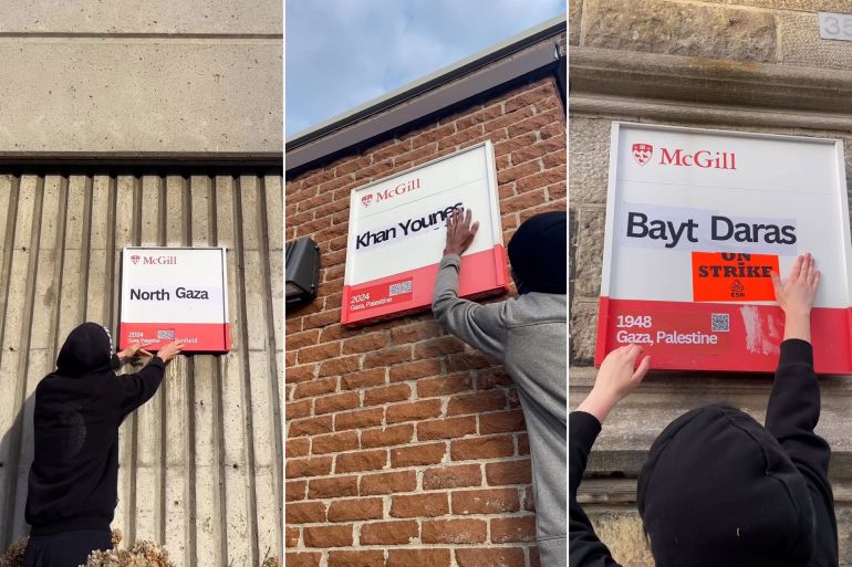 طلاب بجامعة ماكجيل الكندية يضعون لافتات بأسماء قرى وبلدات فلسطينية على مباني الجامعة