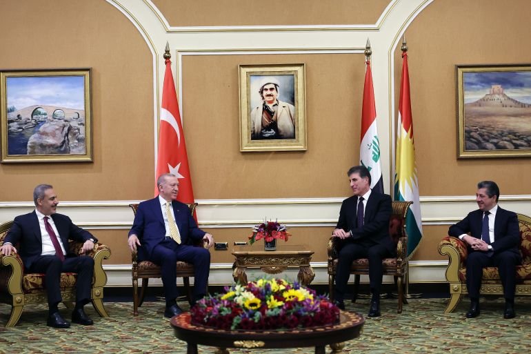 ERBIL, IRAQ - APRIL 22: (----EDITORIAL USE ONLY - MANDATORY CREDIT - 'TURKISH PRESIDENCY / MURAT CETINMUHURDAR / HANDOUT' - NO MARKETING NO ADVERTISING CAMPAIGNS - DISTRIBUTED AS A SERVICE TO CLIENTS----) Turkish President Recep Tayyip Erdogan meets Iraqi Kurdish Regional Government (IKRG) President Nechirvan Barzani in Erbil, Iraq on April 22, 2024. ( TUR Presidency/ Murat Cetinmuhurdar - Anadolu Agency )