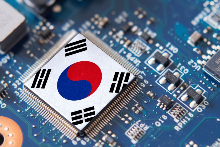 Computer chip on PCB board with South Korea flag