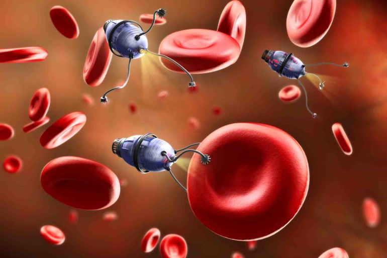 Nanobots going through the bloodstream and repairing some blood cells. Digital illustration.; Shutterstock ID 50373961; purchase_order: AJA; job: ; client: ; other: