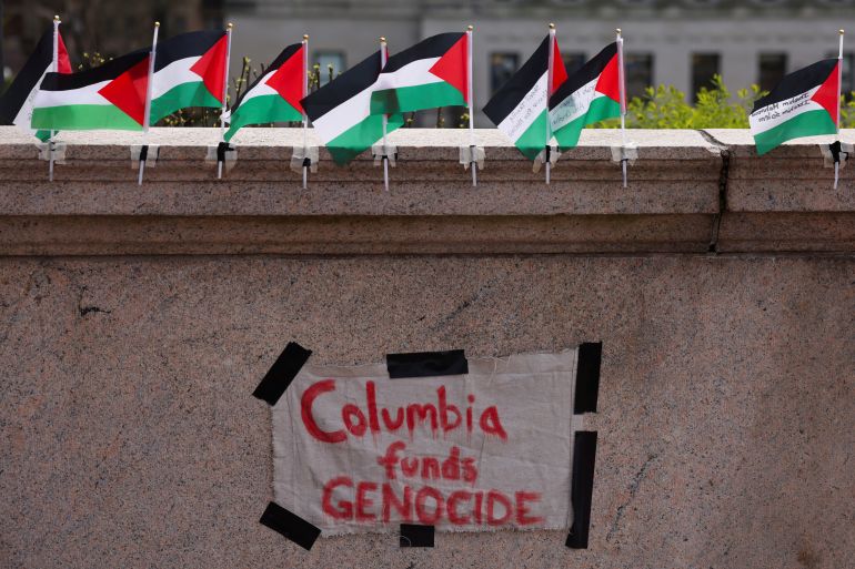 A sign is seen at Columbia University near a protest encampment on the main campus in support of Palestinians, during the ongoing conflict between Israel and the Palestinian Islamist group Hamas, in New York City, U.S., April 27, 2024. REUTERS/Caitlin Ochs