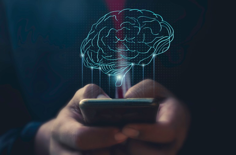 Hand use mobile phone and human head with line brain network technology for global.Data in the global computer social.Digital data,ai,science.Vector Technology background and Artificial intelligence.